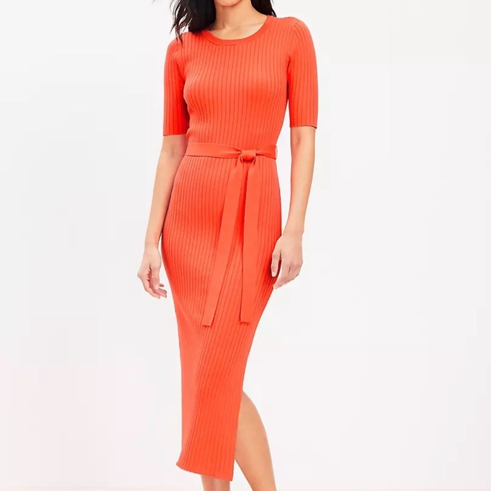 LOFT Ribbed Midi Dress in Bright Orange with Tie Waist